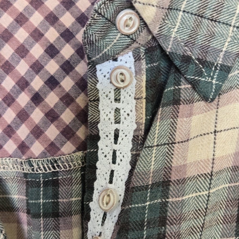 POL Contrast Flannel Plaid Check Lace Button Down Shirt Relaxed Boyfriend Fit M - Picture 7 of 14